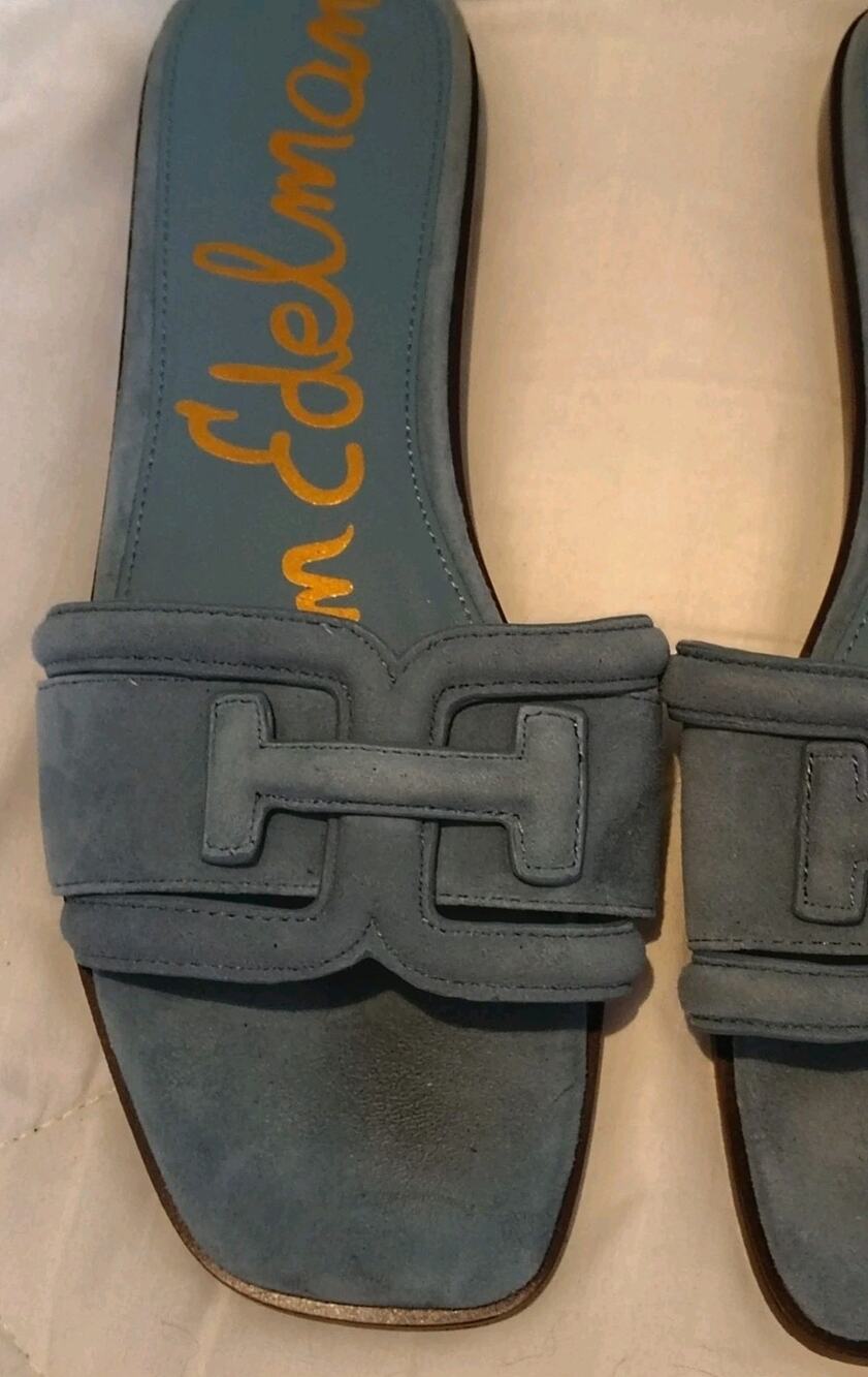 Sam Edelman Blue Leather Slide Sandals Logo Lightweight Flat Slip On US 7M